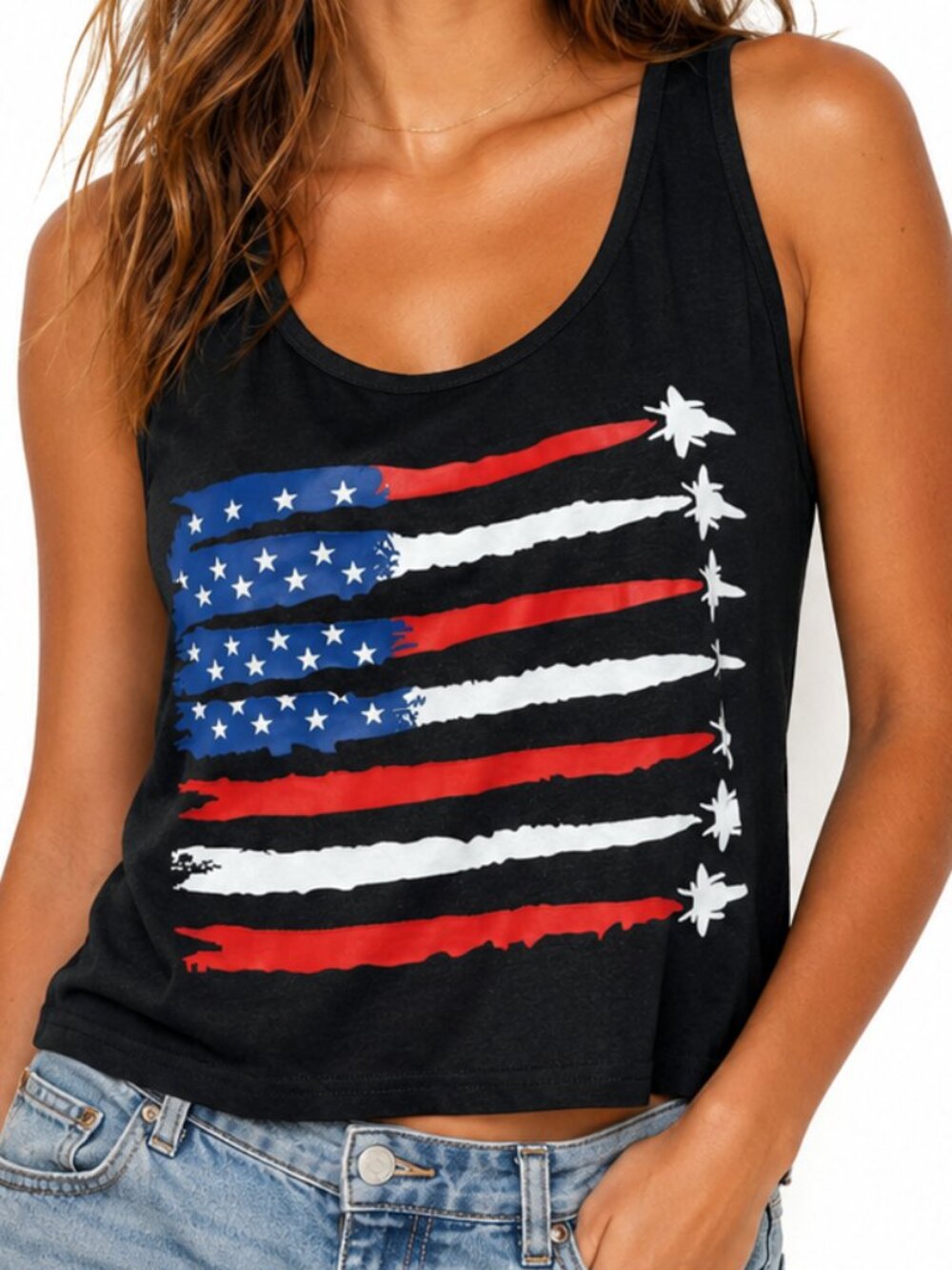 Mens Patriotic 4th of July Tank Top L Cropped USA‎ American Flag Fighter Jets